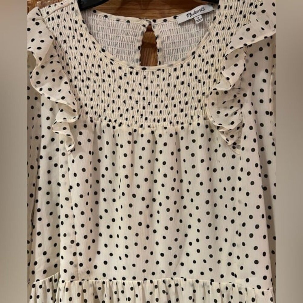 Madewell Smocked Ruffle-Shoulder Crinkled Georgette Midi Dress in Inkbrush Dots - Picture 9 of 12